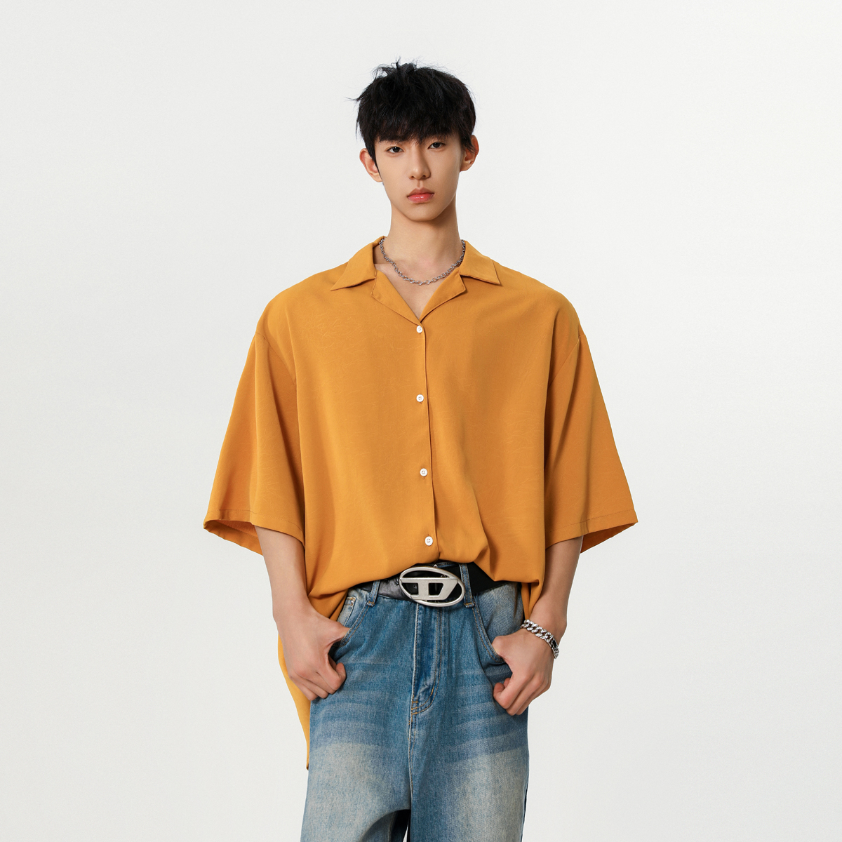 韩系男生纯色暗花纹短袖衬衫外套A430-CS318-P38，男装衬衫，电商A430（原星座702）