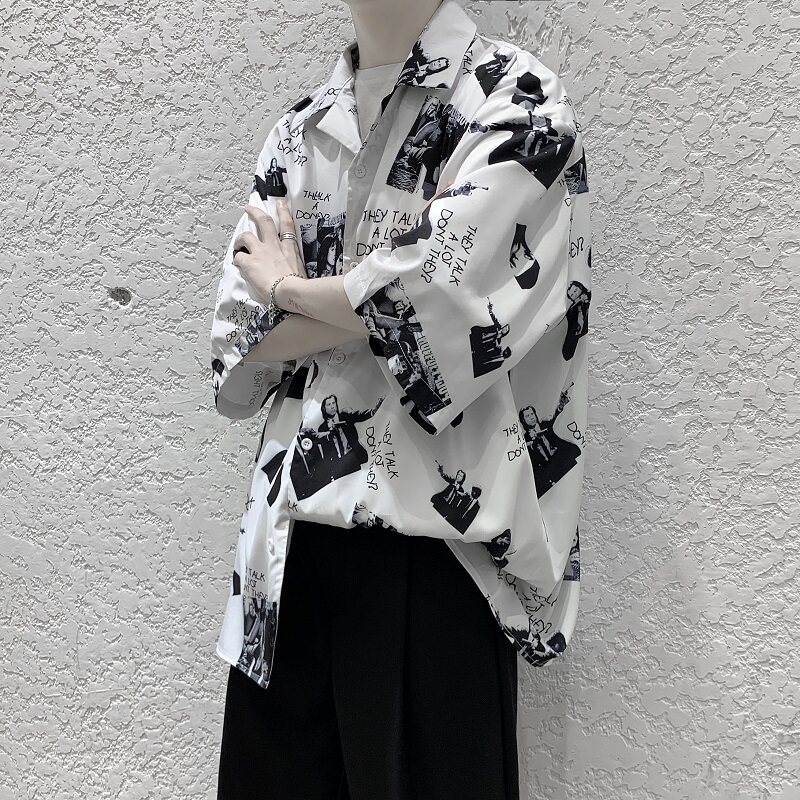 港风宽松免烫印花短袖衬衫外套XZ-702-CS103P40,男装衬衫,电商A430（原星座702）