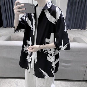 XZ-702-CS107P40港风复古印花百搭男生衬衣潮流衬衫图片