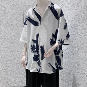 XZ-702-CS107P40港风复古印花百搭男生衬衣潮流衬衫图片