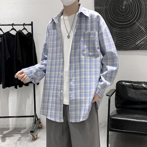 XZ-702-CS208-P48秋装格子长袖衬衣宽松港风男生帅气衬衫图片