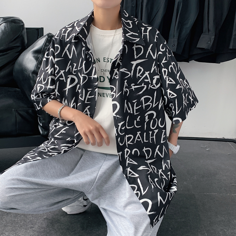 2021夏季男生短袖港风宽松休闲字母潮流衬衫XZ-702-CS118P40，男装衬衫，电商A430（原星座702）