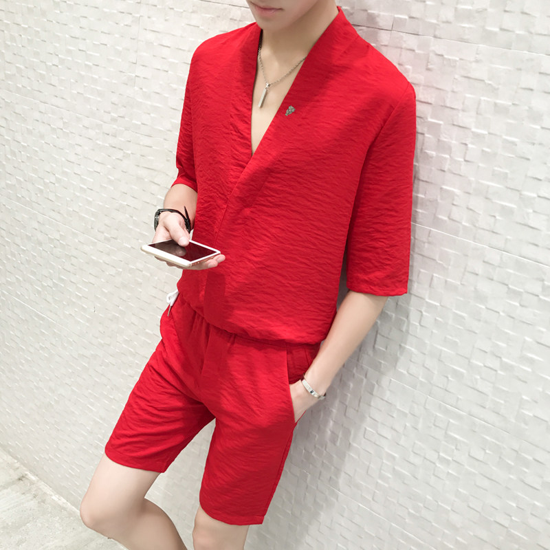 韩版夏季爆款纯色V领短袖T恤韩版时尚休闲套装702-LC77P40图片