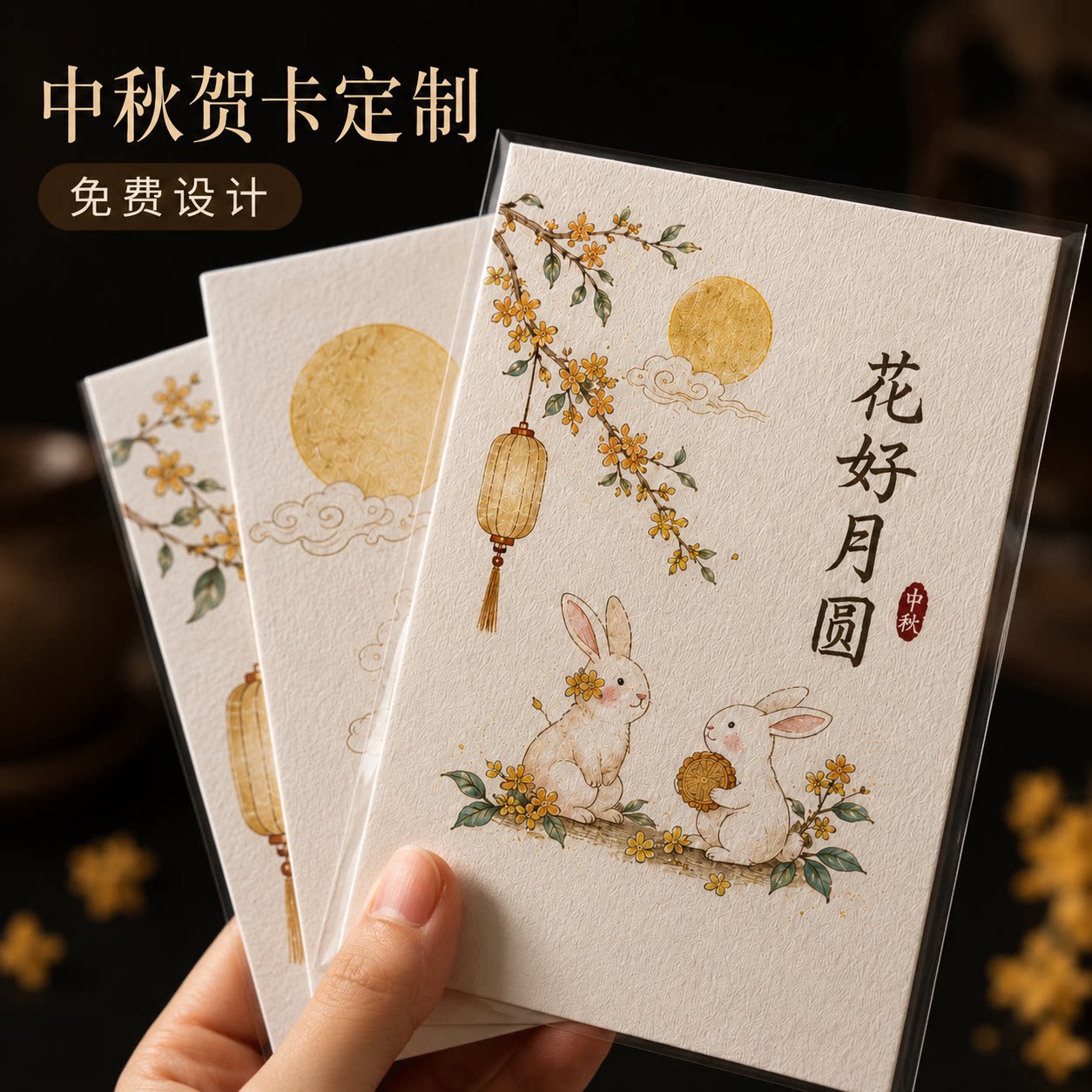 中秋节卡片月兔子高级感谢卡定制图片