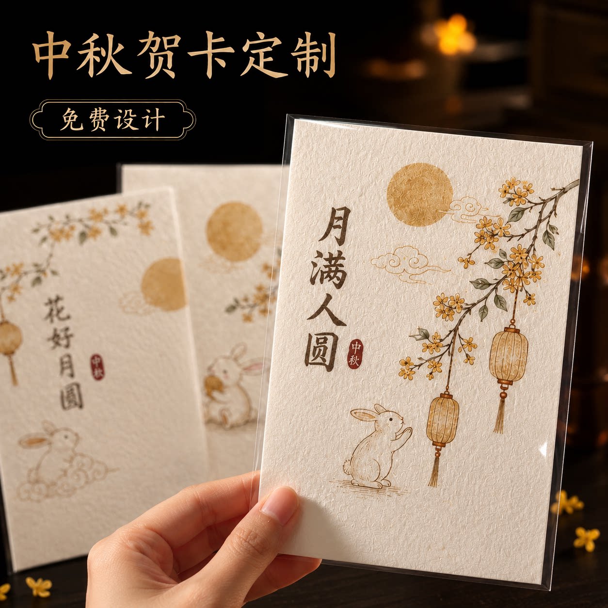 中秋节卡片月兔子高级感谢卡定制图片
