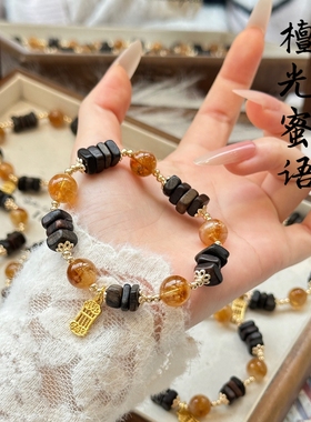 天然黄塔晶沉香手链女款黄水晶手串简约送人新中式本命年礼物