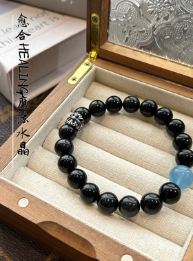 天然黑曜石猫眼银耀石手链巴西魔鬼蓝海蓝宝手串男女款饰品礼物