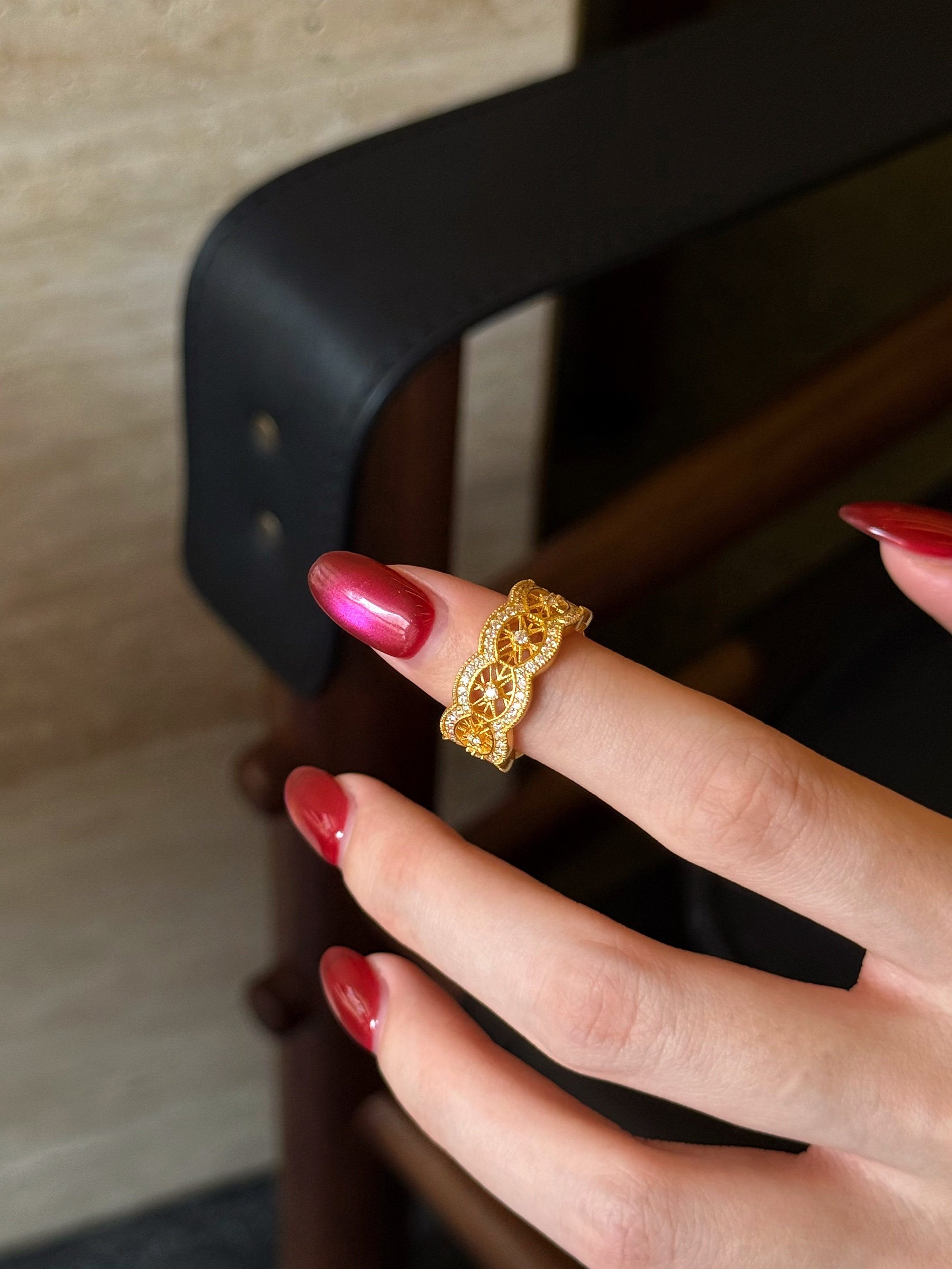 水贝黄金古法足金999金织星芒固口戒指轻奢宫廷风镶嵌莫桑钻送礼