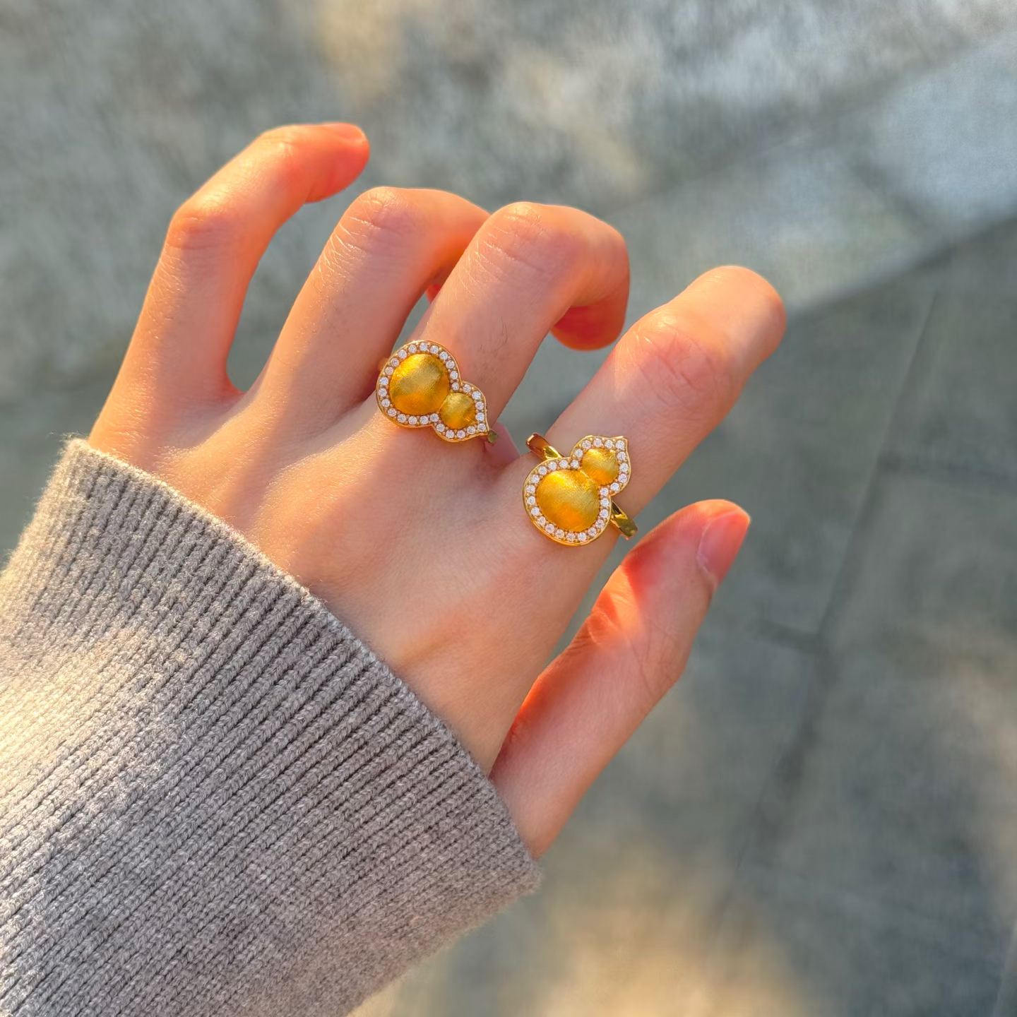 水贝5D黄金点钻拉丝葫芦戒指女款轻奢小众设计感精致时尚足金999