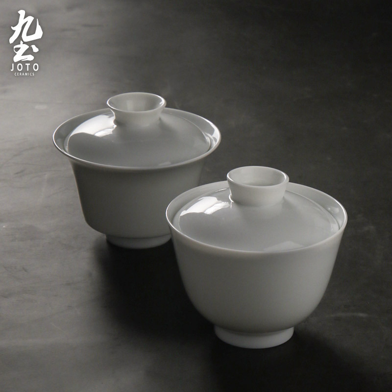 九土手工玉瓷薄胎三才泡茶盖碗