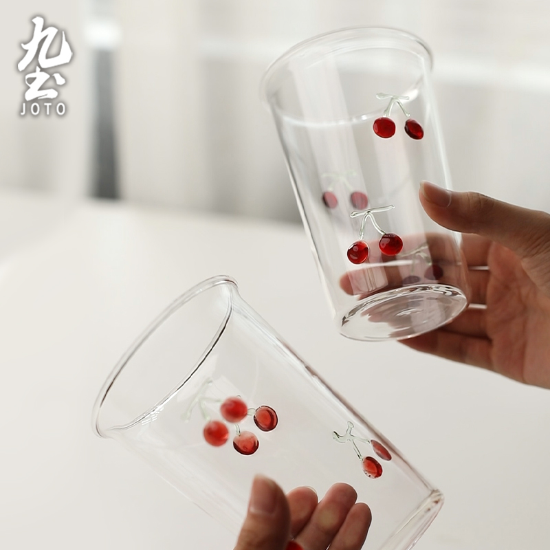九土耐热好看玻璃水杯樱桃水杯家用玻璃杯咖啡杯精致喝水杯子套装