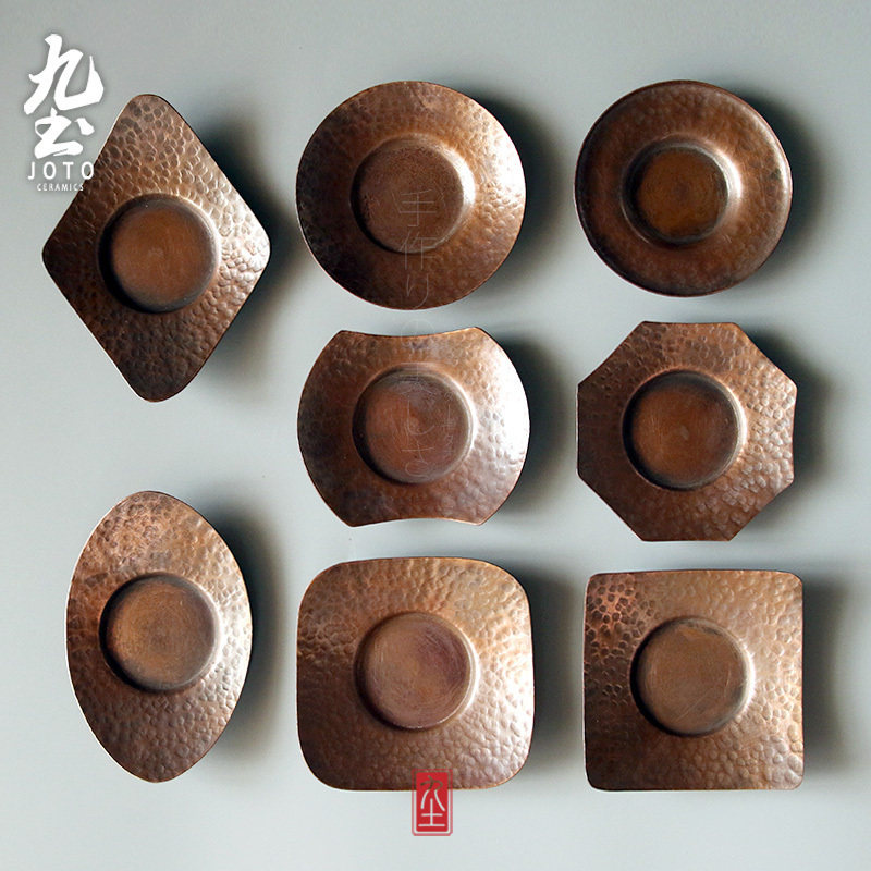 九土 手工铜锤纹杯托 功夫茶具杯垫 茶席用铜品茗杯茶托 铜杯托