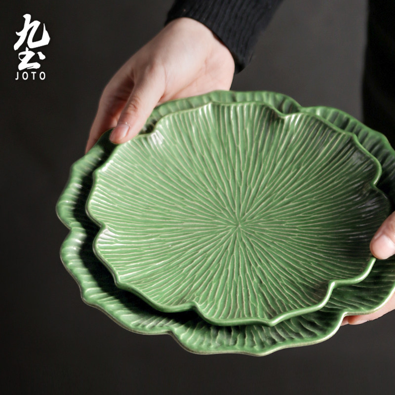 九土日式手工花边陶瓷菜盘子家用西餐盘意面盘果盘餐具大创意茶盘