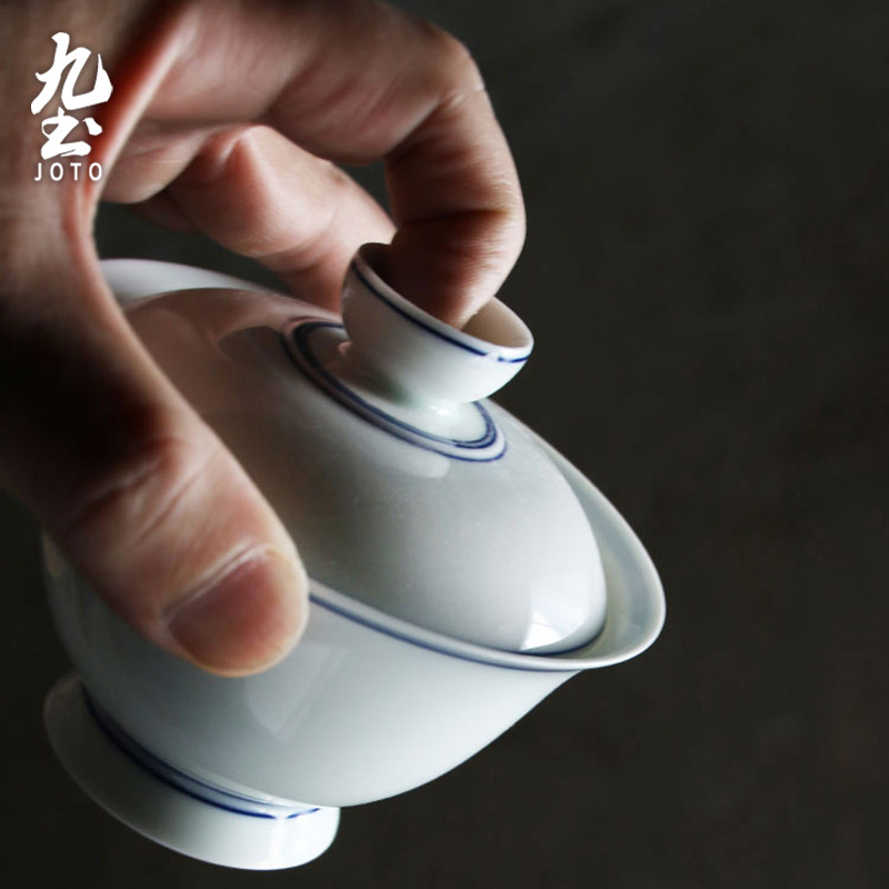 九土手工盖碗复古青花瓷白盖碗功夫盖碗茶碗具陶瓷手绘茶碗