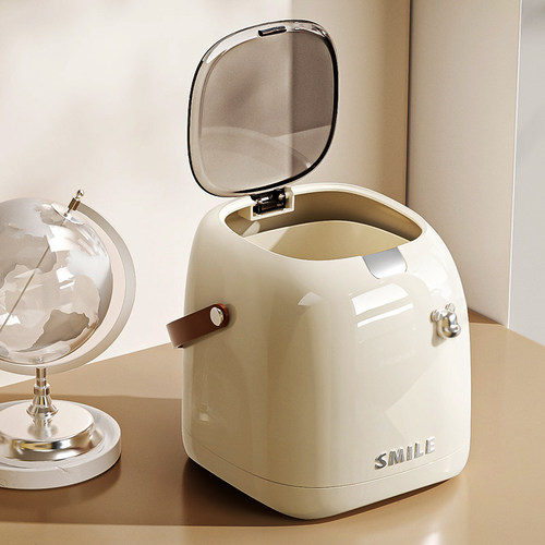 桌面垃圾桶家用2023新款奶油色按压式办公室书桌床头带盖卫生桶小