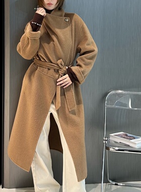 百分百骆驼绒毛呢外套女秋冬中长款系带高级感百搭气质双面呢大衣