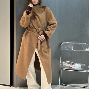 百分百骆驼绒毛呢外套女秋冬中长款系带高级感百搭气质双面呢大衣