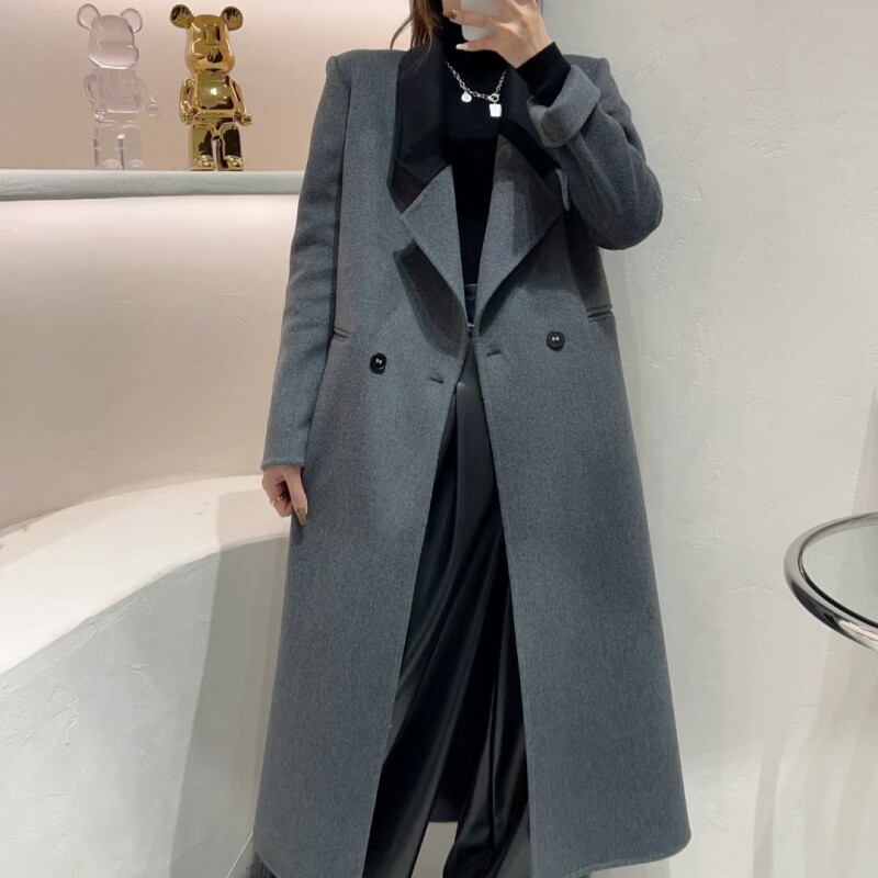 Eveline韩版拼色双面羊绒大衣女秋冬新中长款通勤西装领毛呢外套