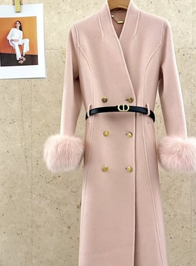 Eveline轻奢狐狸毛双面羊绒大衣女秋冬新中长款修身腰带毛呢外套