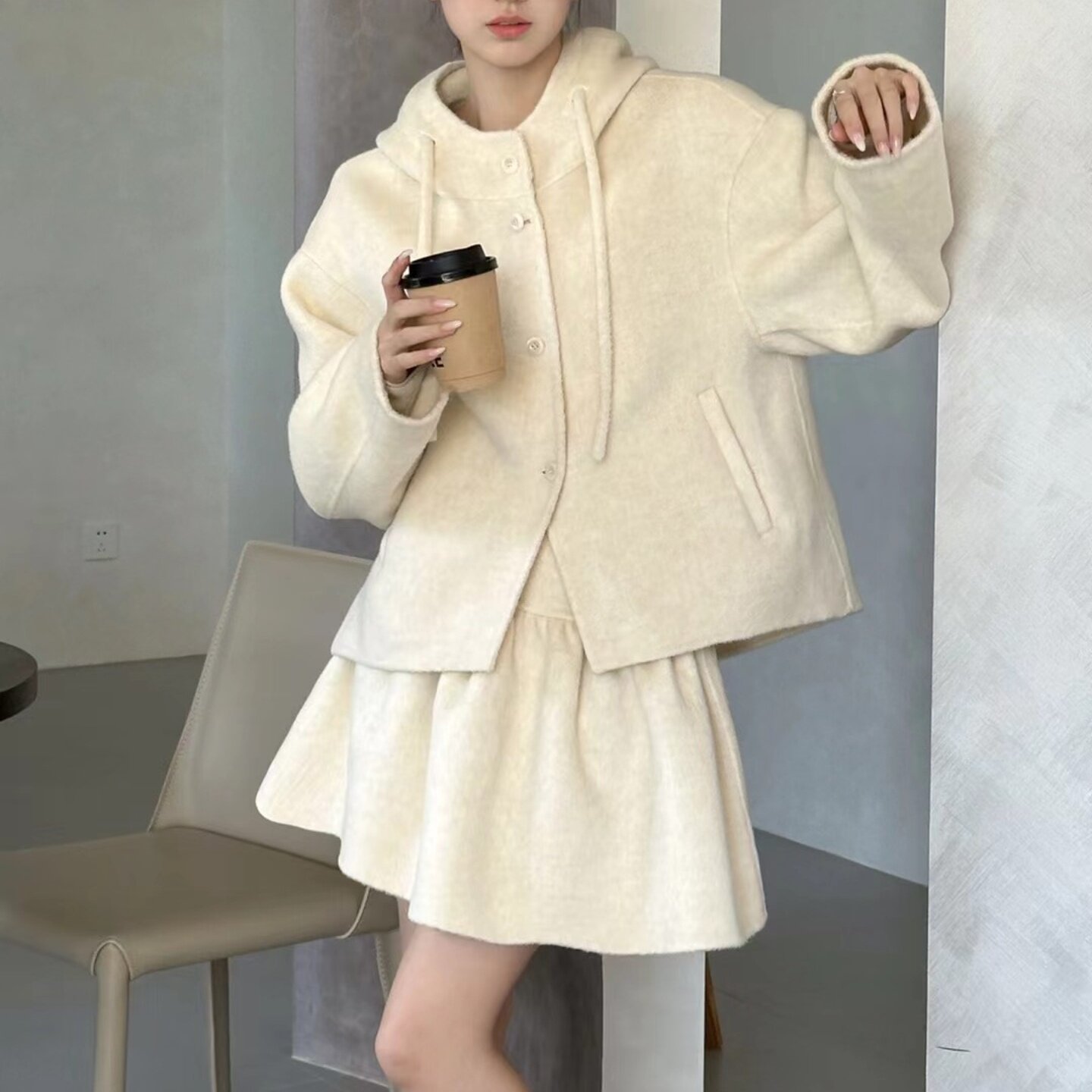 韩系双面羊绒时尚套装女秋冬慵懒风连帽毛呢短外套半身裙两件套,女装/女士精品,时尚套装,淘宝优惠券,粉丝福利购,淘宝优惠卷