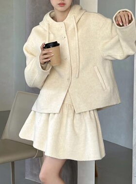 韩系双面羊绒时尚套装女秋冬慵懒风连帽毛呢短外套半身裙两件套
