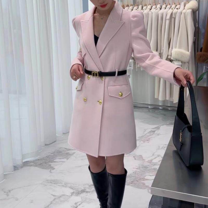 Eveline名媛风2025冬季新中长款时尚泡泡袖配腰带双面羊绒大衣女