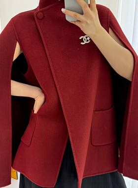 欧洲站双面羊绒大衣女2025秋冬新款通勤时尚气质红色斗篷毛呢外套
