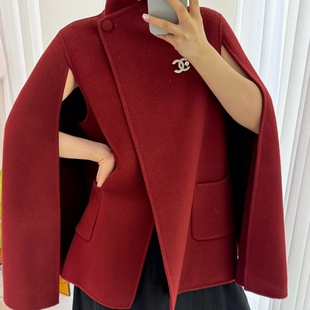 欧洲站双面羊绒大衣女2025秋冬新款通勤时尚气质红色斗篷毛呢外套