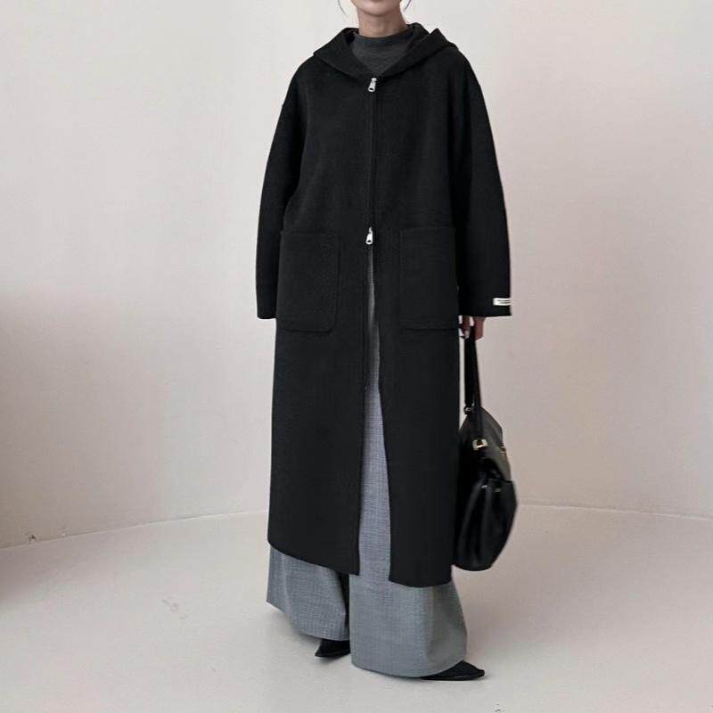 欧洲站连帽双面羊绒大衣女2025秋冬新中长款宽松百搭拉链毛呢外套