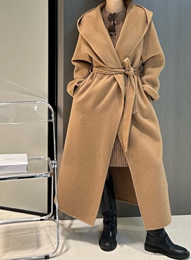 Eveline连帽骆驼绒双面呢大衣女秋冬新长款宽松百搭气质毛呢外套