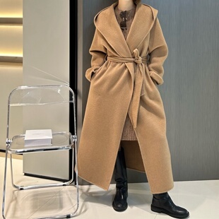 Eveline连帽骆驼绒双面呢大衣女秋冬新长款宽松百搭气质毛呢外套