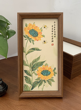 纯手绘向日葵国画摆台毕业礼桌面装饰画谢师礼送老师礼品15×27cm