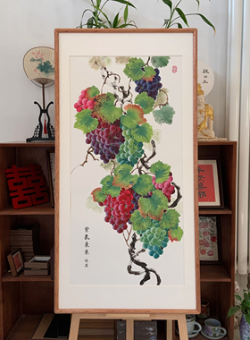 纯手绘葡萄国画水墨画客厅茶室办公室玄关挂画装饰画62×122cm