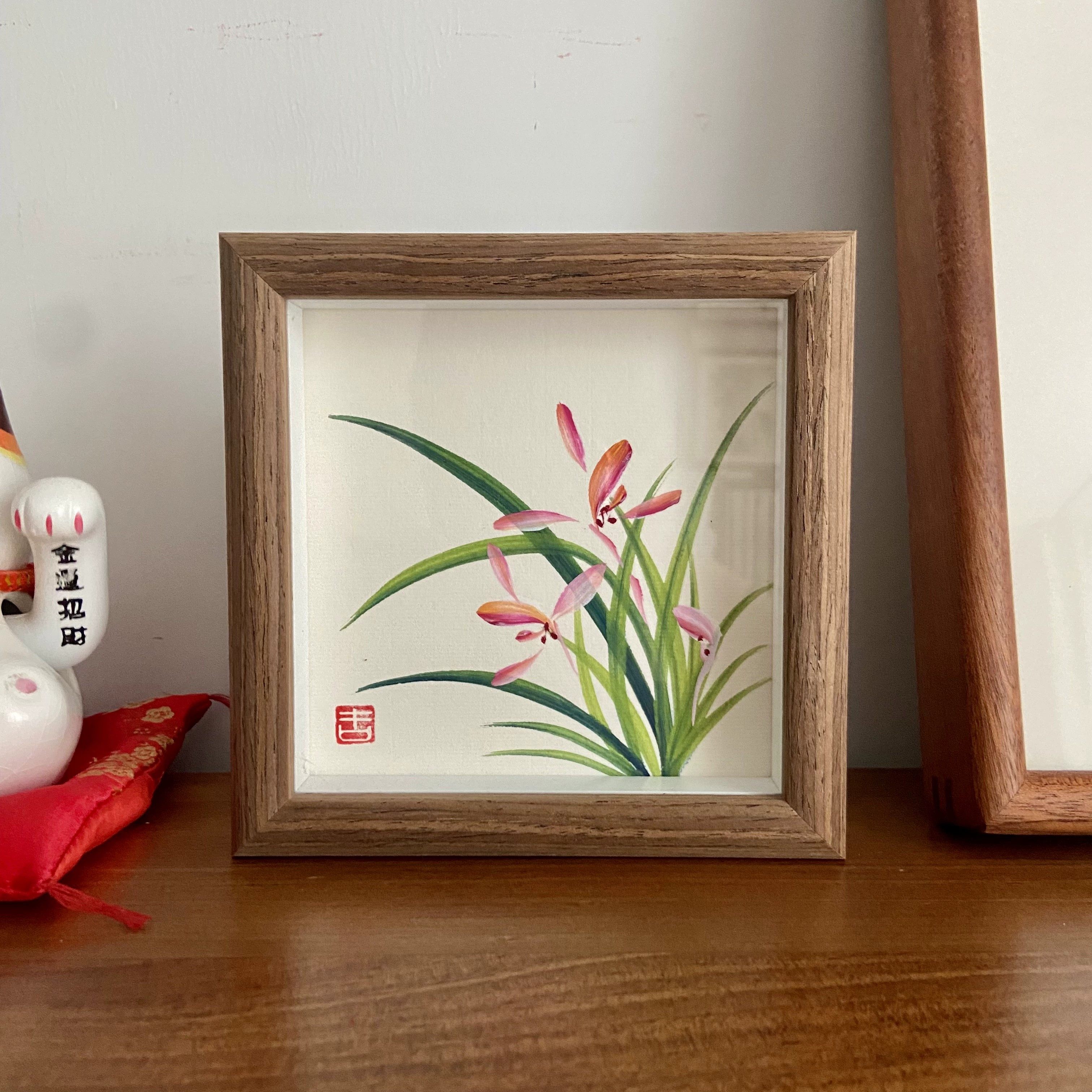 100%纯手绘兰花摆台国画书桌摆件茶室办公室玄关装饰国风礼物5寸