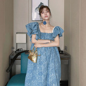 LASS 方领长裙 宽松连衣裙牛仔蓝飞袖 LIZ原创设计师店2024夏季 新款