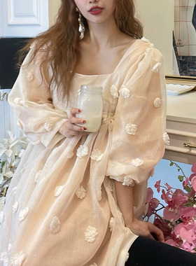 LASS LIZ原创设计师店2024春夏提花初恋仙女裙高腰方领长袖连衣裙