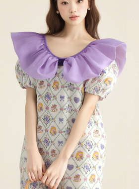 LASS LIZ原创设计师师店2025夏季新款多巴胺紫色花边领宽松连衣裙