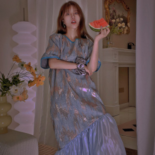 蓝色亮片鱼尾裙宽松显瘦礼服长裙新款 LASS LIZ原创设计师店定制款