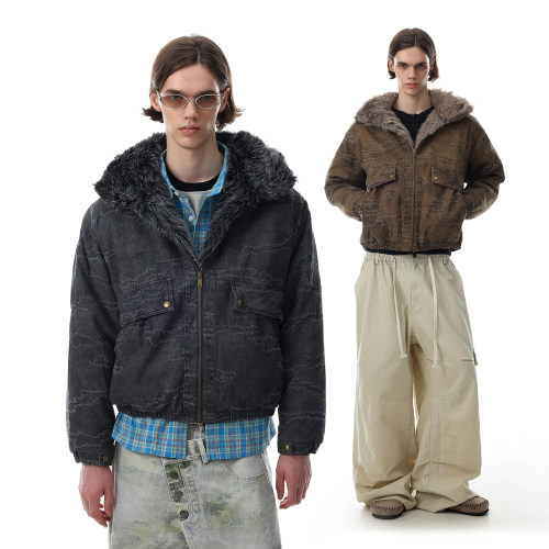美式复古迷彩加厚保暖连帽棉服男