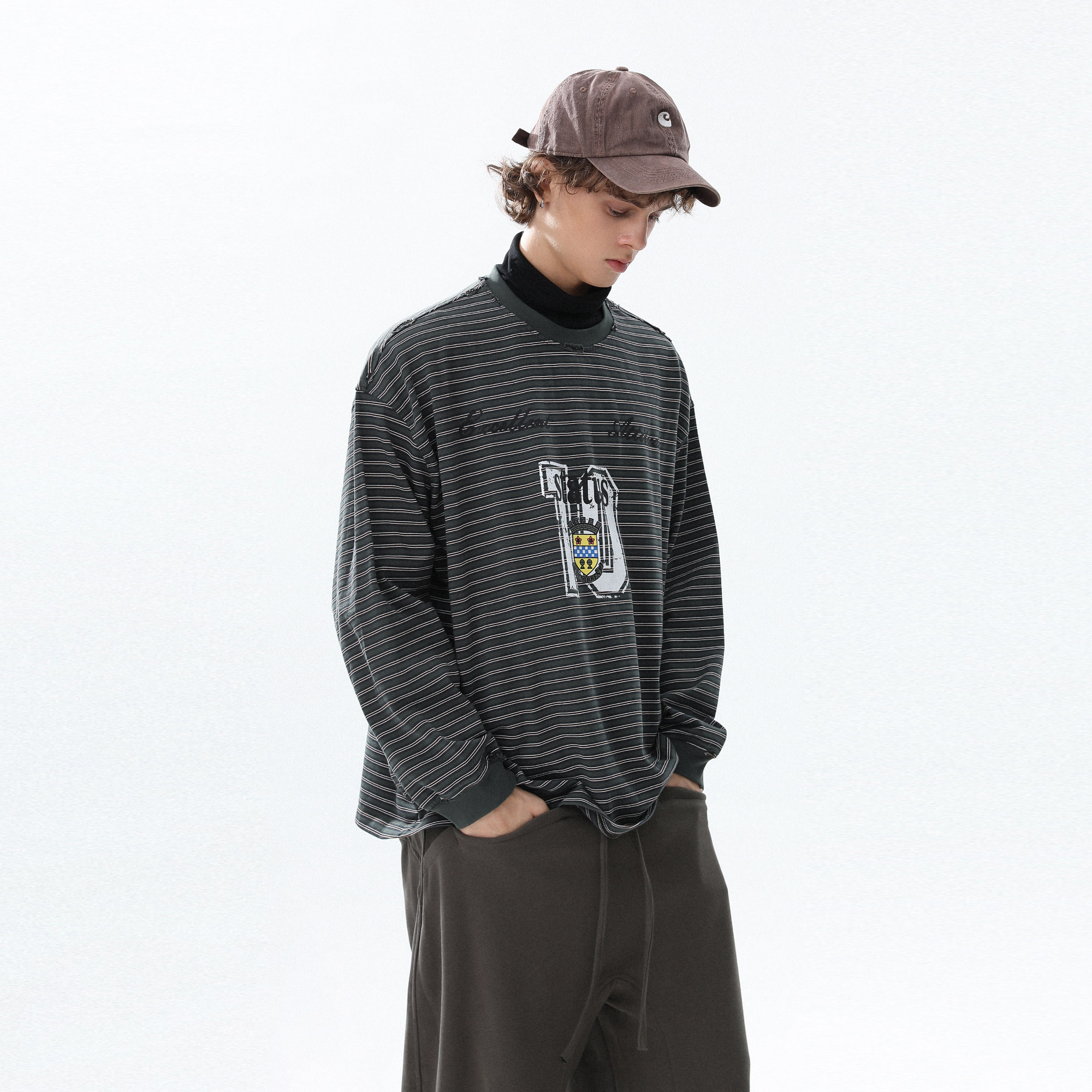 美式复古撞色条纹长袖T恤