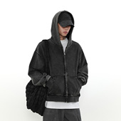 MRNEARLY美式 外套 开衫 复古水洗黑色cleanfit春秋款 连帽卫衣男短款