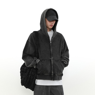 开衫 连帽卫衣男短款 外套 复古水洗黑色cleanfit春秋款 MRNEARLY美式