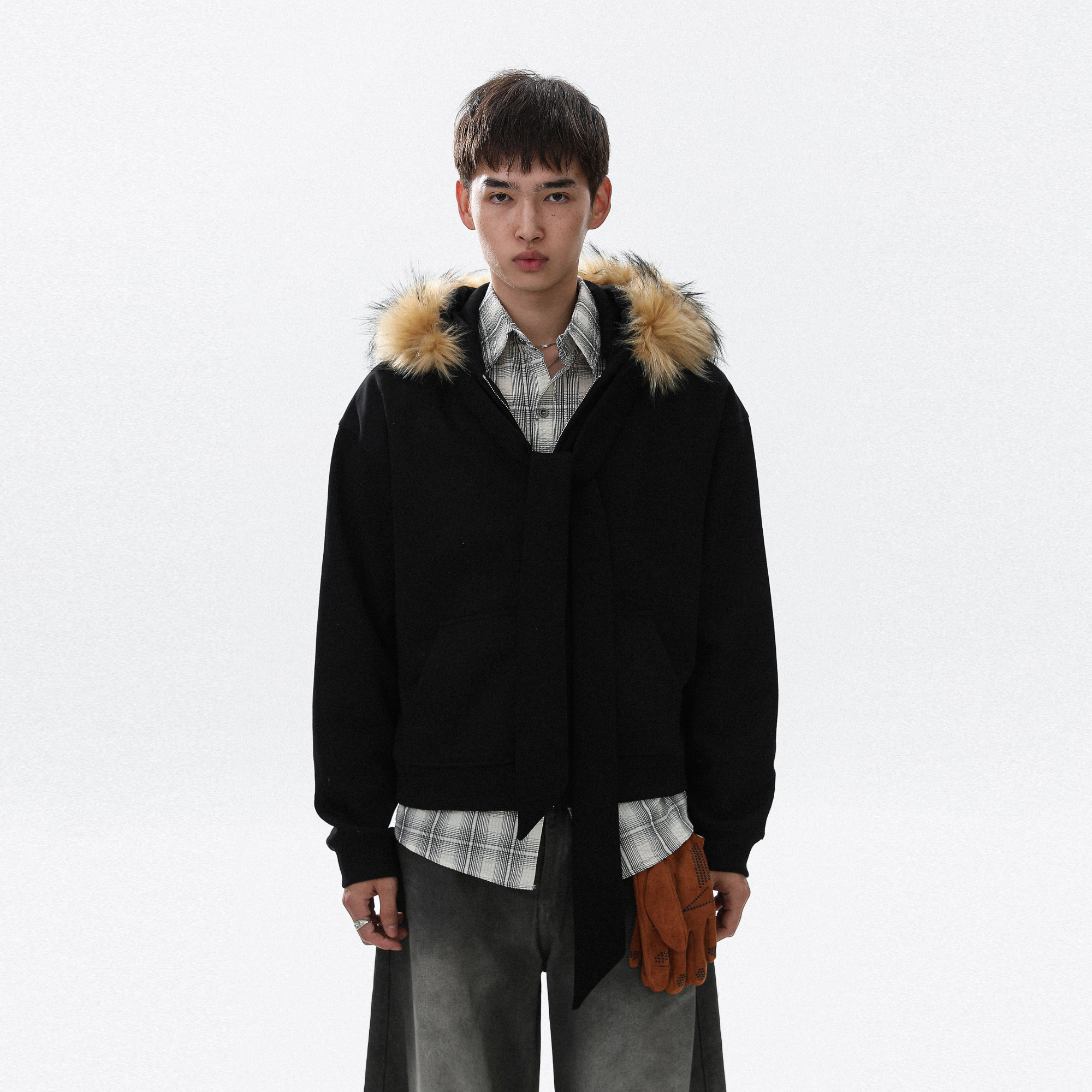 美式复古毛领绑带连帽拉链开衫