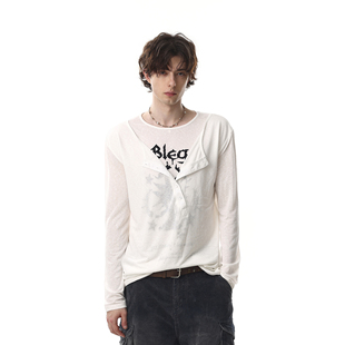 MR.NEARLY美式 T恤男女字母印花圆领假两件设计感上衣 复古白色长袖