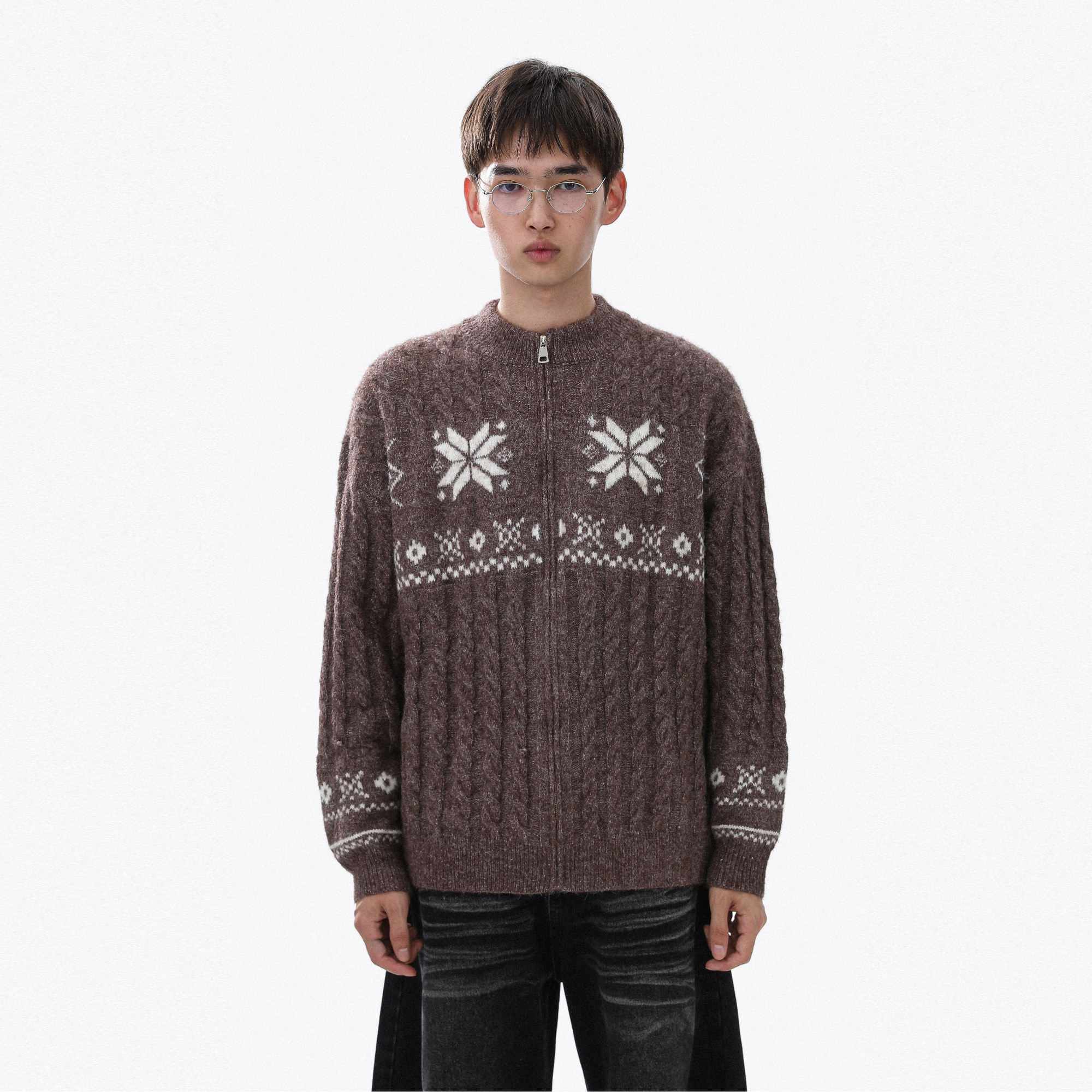 美式复古费尔岛麻花拉链开衫毛衣