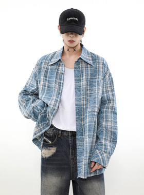 MRNEARLY美式复古晕染格子衬衫男长袖高级感慵懒风秋季衬衣外套潮