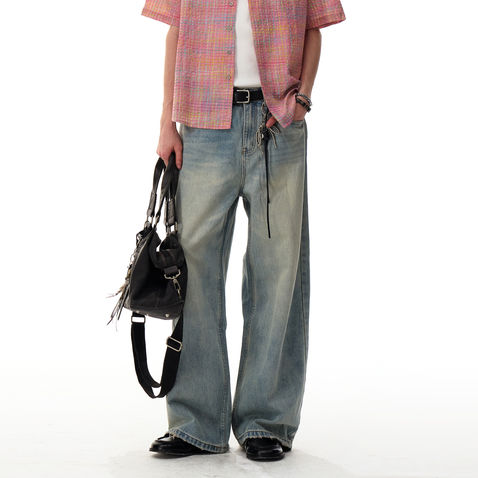 美式复古水洗磨破高街直筒牛仔裤