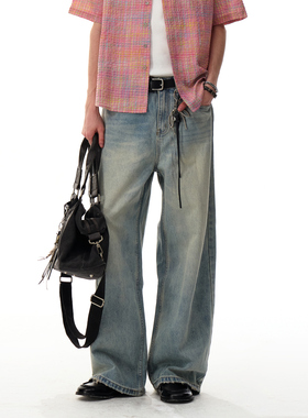 MRNEARLY美式复古水洗磨破直筒牛仔裤男高街垂感阔腿cleanfit裤子