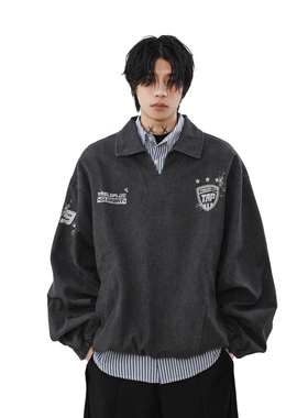 MRNEARLY美式复古水洗做旧套头翻领POLO衫男长袖宽松休闲运动卫衣