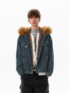 MRNEARLY美式复古可拆卸毛领牛仔棉服男冬季加厚保暖宽松外套潮